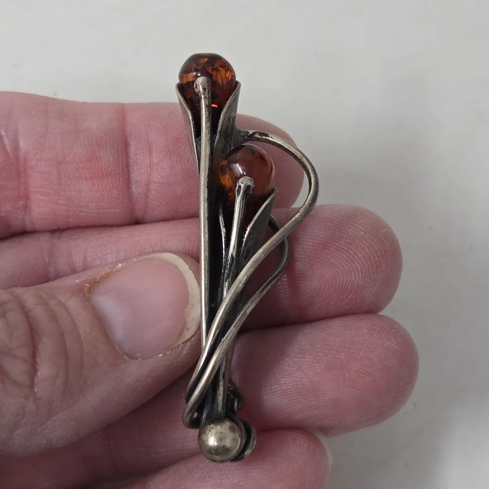 Vintage Sterling Silver 925 Baltic Amber 2” Calla Lily Floral Brooch Pin - Picture 4 of 11